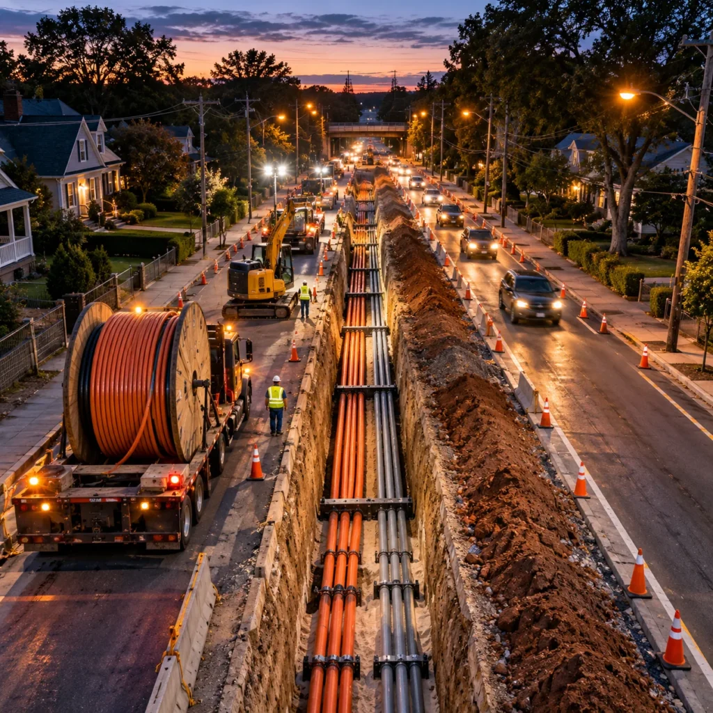 An open roadside trench holding large high-voltage cable conduits near a compact substation at dusk, with Long Island Sound and a distant city skyline behind.