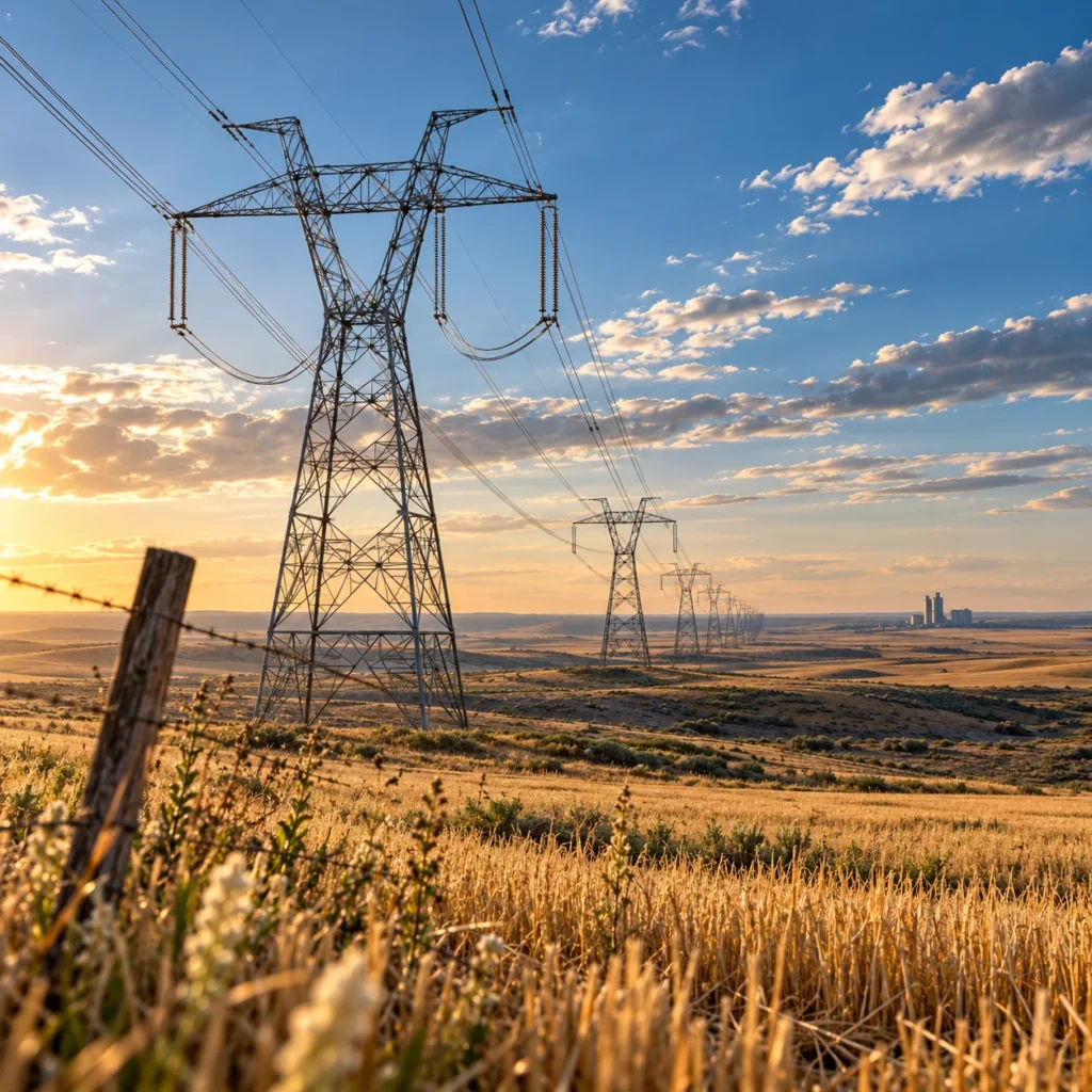 A high-voltage direct current converter station and a line of steel transmission towers stretching across the Montana prairie at dusk.